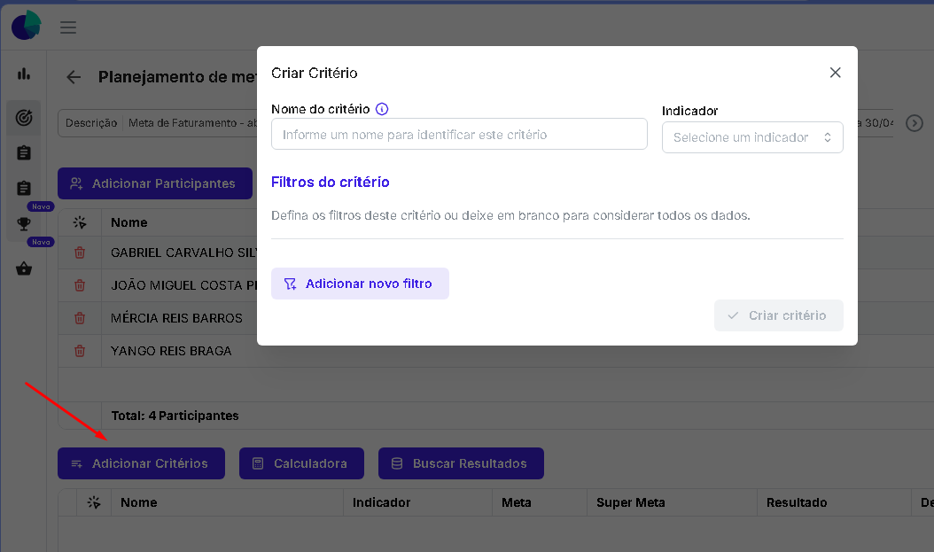 Botão Adicionar Critério