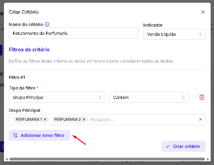 Exemplo de configuração de critério com filtro