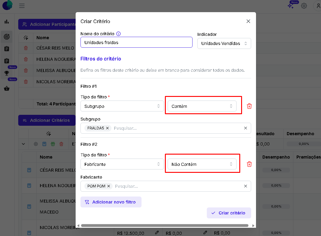 Exemplo de configuração de filtro na interface do Biapp